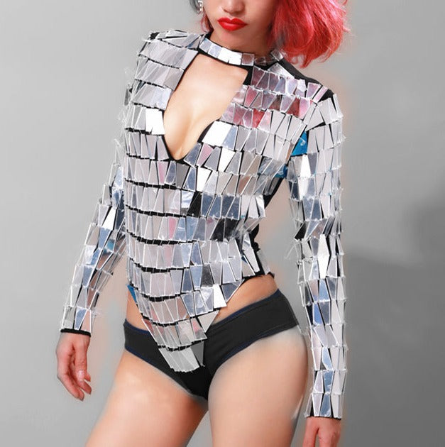 Shiny Metallic Silver Mirror Sequin Bodysuit