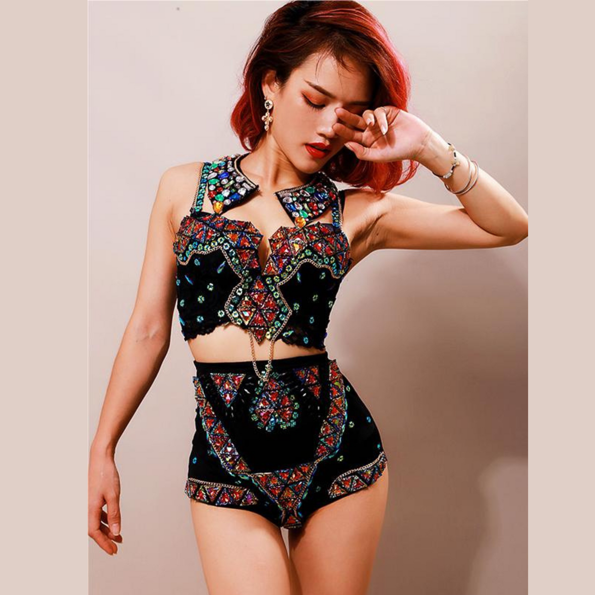 Baroque Performance Outfit Luxurious Iridescent Chain-Link Short Camisole and High-Waisted Ultra-Shorts Suit with Faux Collar Nightclub Chic Three-Piece Set