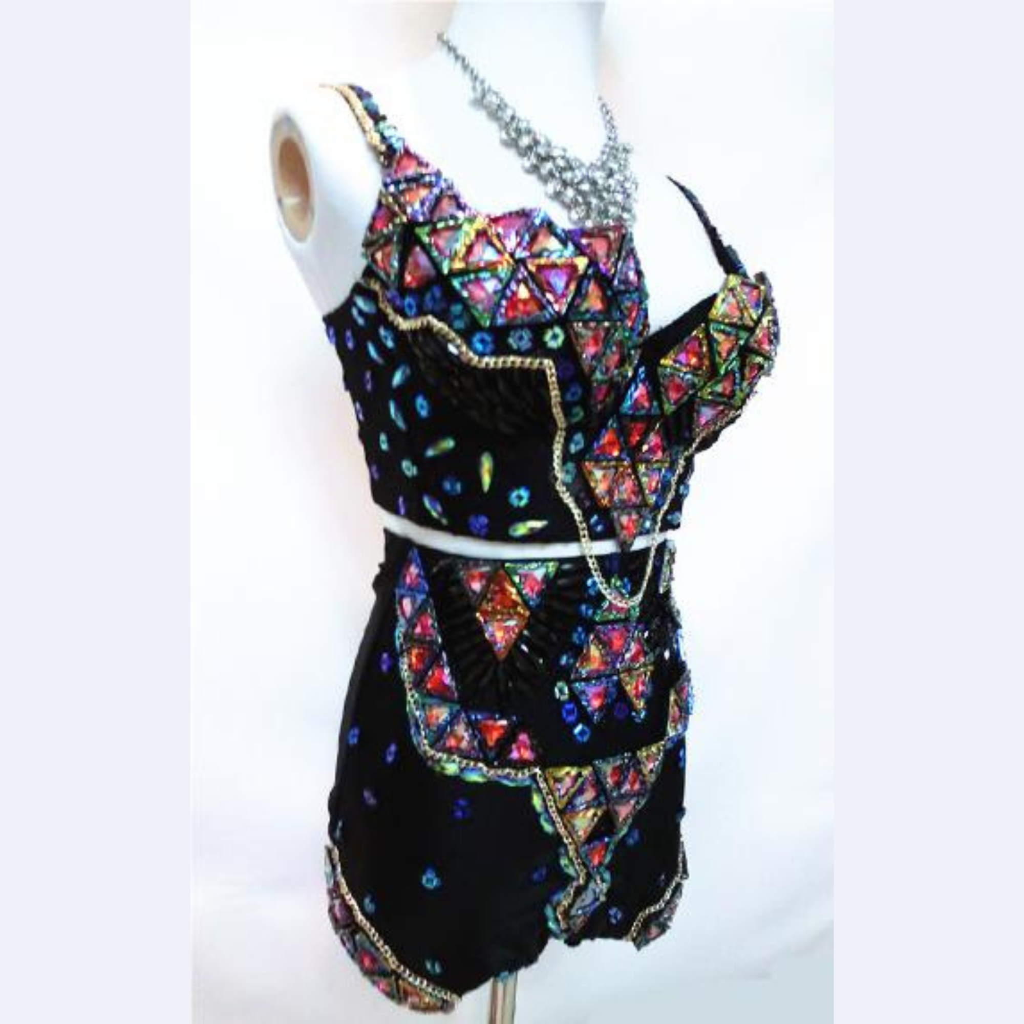 Baroque Performance Outfit Luxurious Iridescent Chain-Link Short Camisole and High-Waisted Ultra-Shorts Suit with Faux Collar Nightclub Chic Three-Piece Set