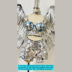 Silver Metallic Bra Camisole Mini Shorts Suit with Large Feather Wings