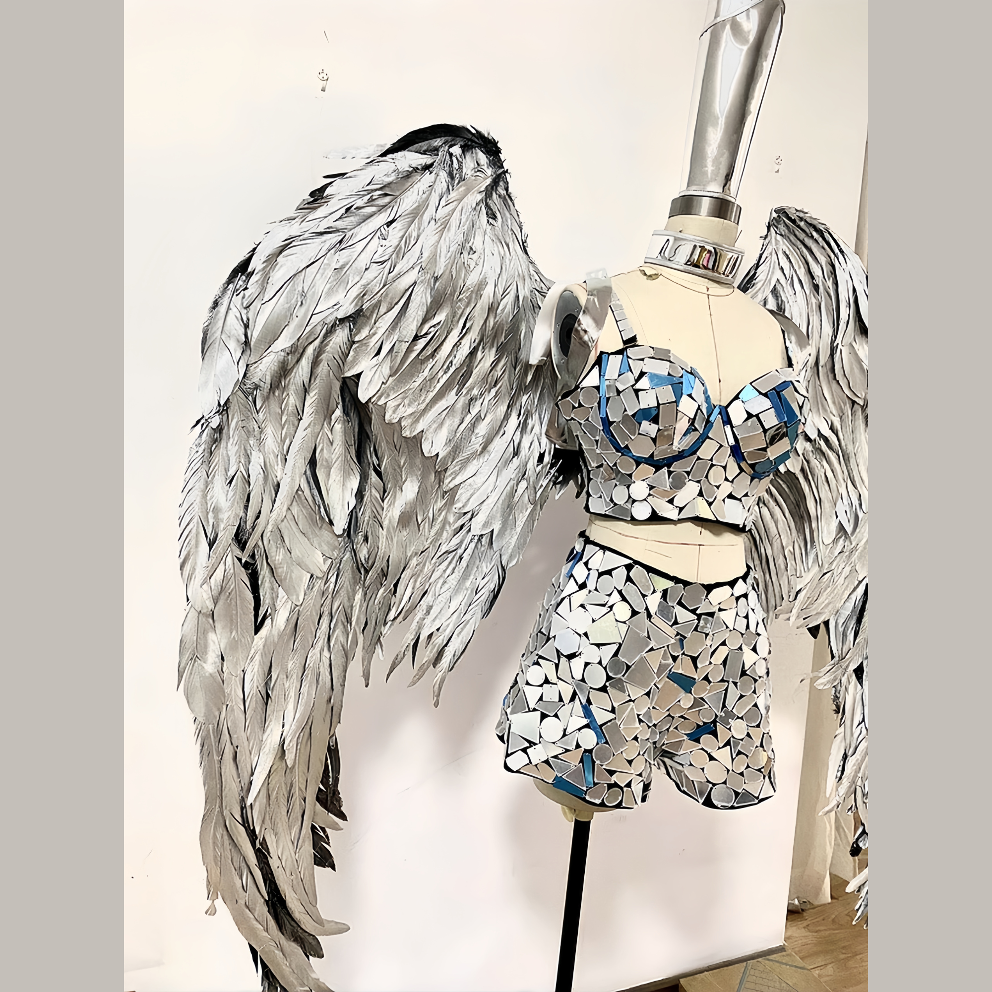 Silver Metallic Bra Camisole Mini Shorts Suit with Large Feather Wings